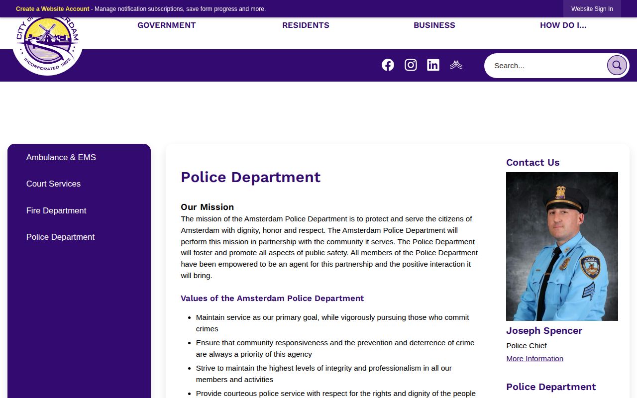 Montgomery County City of Amsterdam arrest-record source, Amsterdam Police Department official webpage