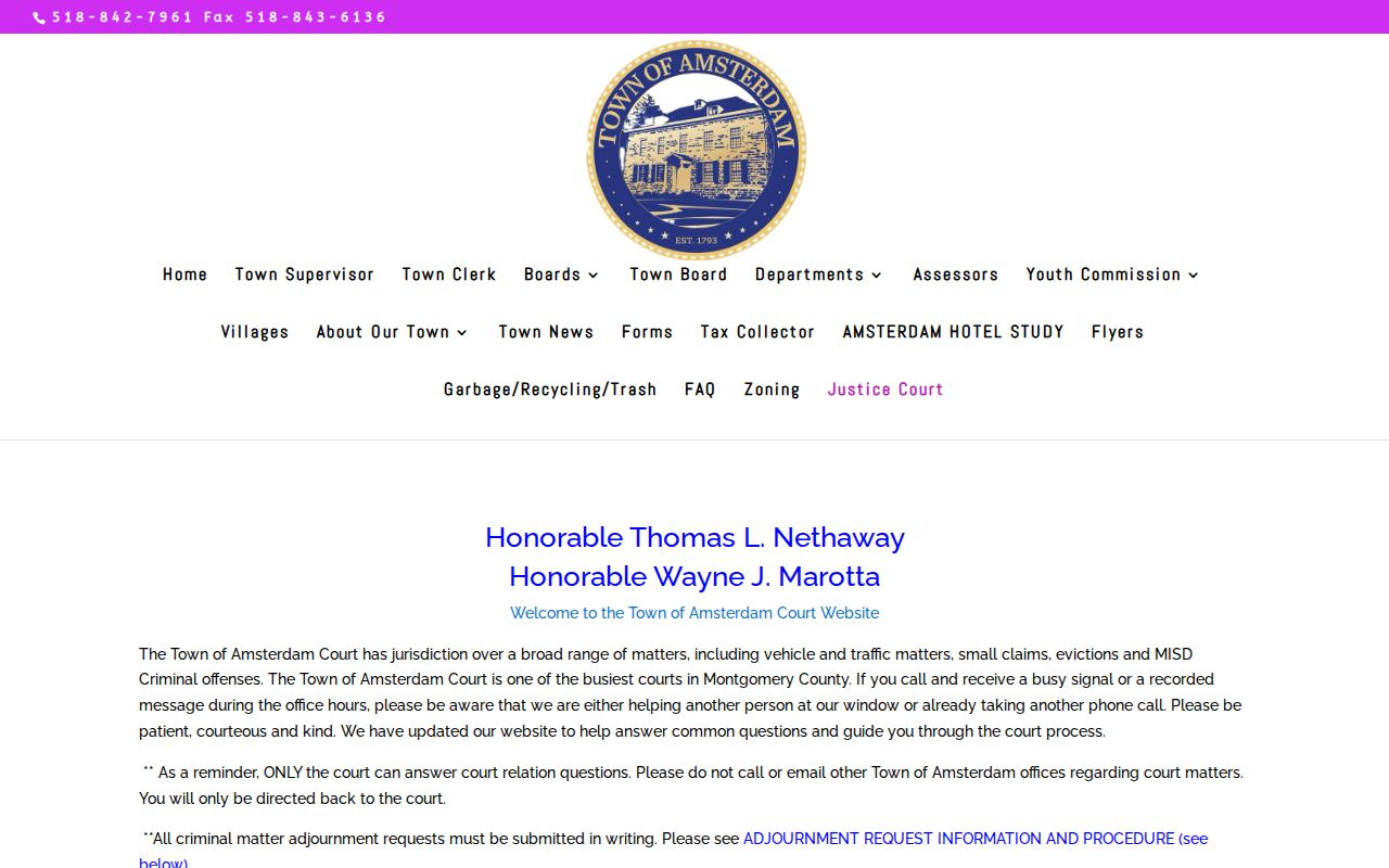 Montgomery County Town of Amsterdam arrest-record court source, Justice Court official webpage